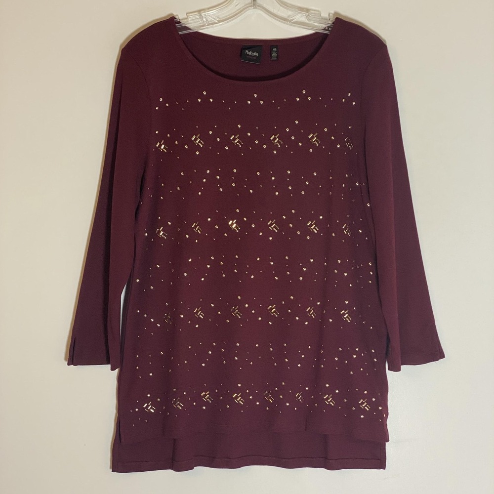 Rafaella‎ Studio Top Womens Large Red 3/4 Sleeve Studded Tunic Scoop Neck Cotton